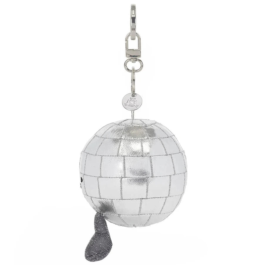 A silver Jellycat Amuseables Disco Ball Bag Charm with a small grey foot attached to a silver keychain.
