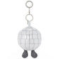 An Amuseables Disco Ball Bag Charm, featuring a plush, silver-tiled disco ball with two small dark feet, attached to a silver keyring.