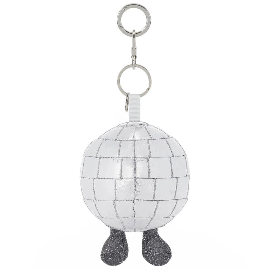 An Amuseables Disco Ball Bag Charm, featuring a plush, silver-tiled disco ball with two small dark feet, attached to a silver keyring.