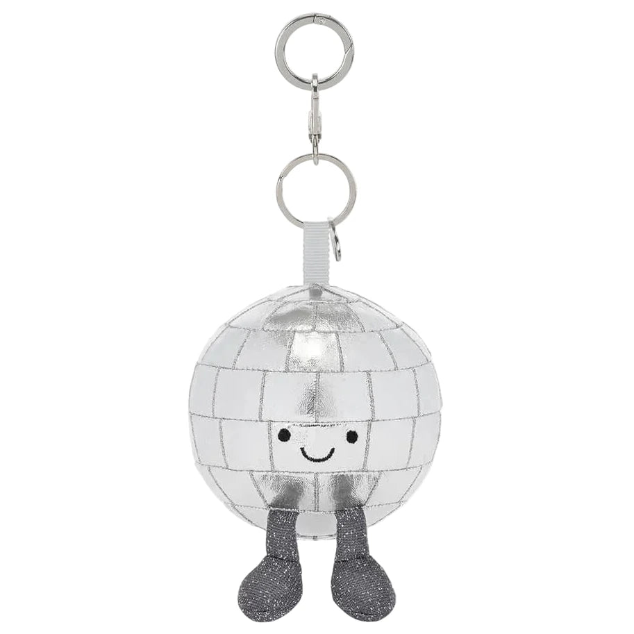 Silver Amuseables Disco Ball Bag Charm with a smiling face and dangling dark gray feet, attached to a silver metal key ring.