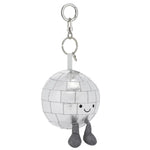 A silver Jellycat Amuseables Disco Ball Bag Charm with a smiling face and dangling dark grey legs, attached to a silver keychain.