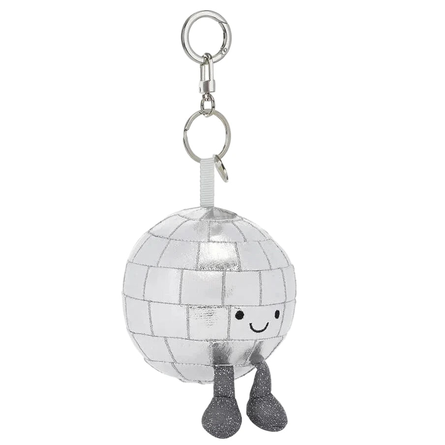 A silver Jellycat Amuseables Disco Ball Bag Charm with a smiling face and dangling dark grey legs, attached to a silver keychain.