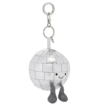 A silver Jellycat Amuseables Disco Ball Bag Charm with a smiling face and dangling dark grey legs, attached to a silver keychain.
