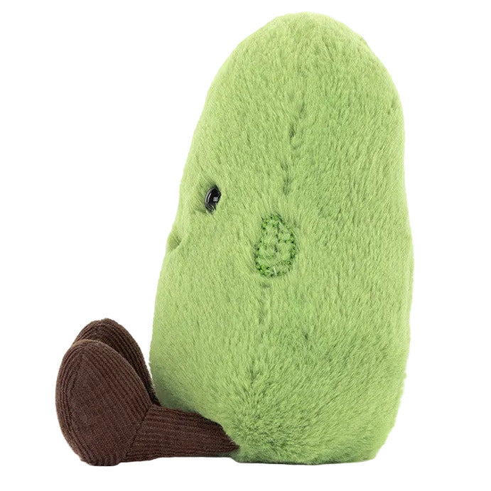 A plush toy shaped like a smiling edamame bean pod, shown from the side—part of the playful Jellycat Amuseables Soyella Edamame Bean collection.