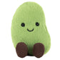 Plush toy shaped like a green edamame bean with black eyes, a simple smiling mouth, and two brown feet, sitting upright against a white background—an adorable Jellycat Amuseables Soyella Edamame Bean plush toy.