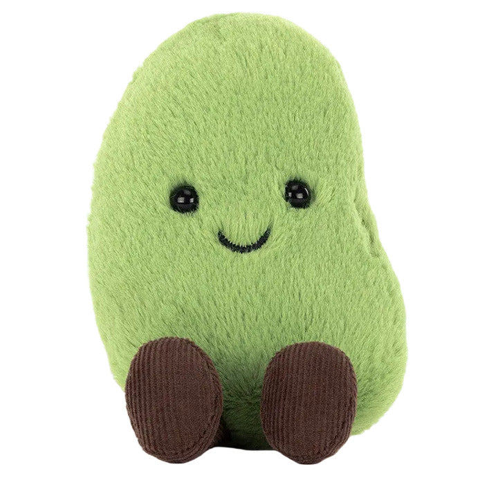 Plush toy shaped like a green edamame bean with black eyes, a simple smiling mouth, and two brown feet, sitting upright against a white background—an adorable Jellycat Amuseables Soyella Edamame Bean plush toy.