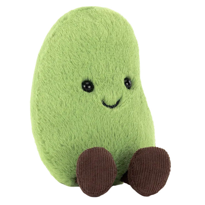 The Jellycat Amuseables Soyella Edamame Bean is a plush toy shaped like a green bean, featuring black eyes, a smiling mouth, and brown legs, sitting upright.