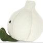 The Amuseables Garlic plush toy by Jellycat features a knitted design shaped like a white garlic bulb with a green stem and two small black eyes, making it a delightful addition to any Halloween party.