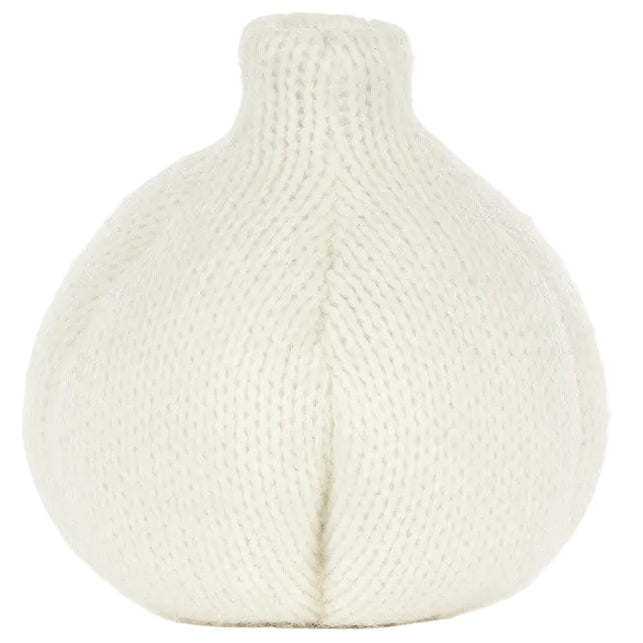 A round, white, bulb-shaped plush covered in knitted fabric and resembling a garlic clove makes the Jellycat Amuseables Garlic the perfect quirky accent to add charm to your Halloween party décor.