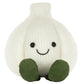 A Jellycat Amuseables Garlic plush, featuring a knitted white garlic bulb design with black eyes, a smiling mouth, and green feet, sits upright against a white background—an ideal quirky accent for your Halloween party décor.