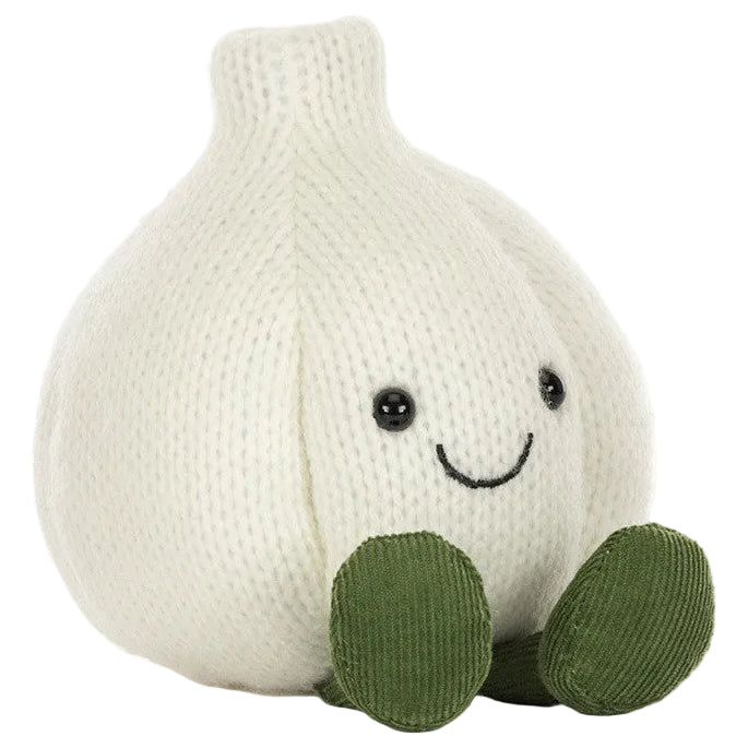 Add a playful touch to your Halloween party décor with the Jellycat Amuseables Garlic—a plush toy shaped like a white garlic bulb, featuring black eyes, a cheerful smile, and green corduroy feet, shown sitting upright on a white background.