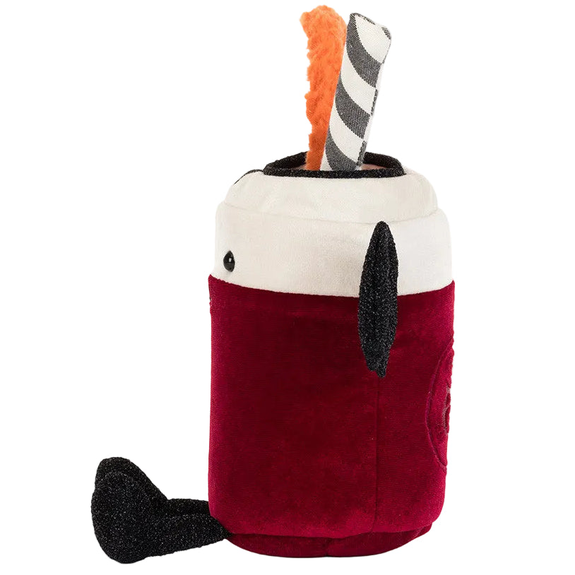 Bring a playful, spooky touch to your collection with the Jellycat Amuseables Vampop Drink—a plush toy designed as a red and white soda can, featuring a black tail, side fin, and an orange striped straw sticking out of the top.