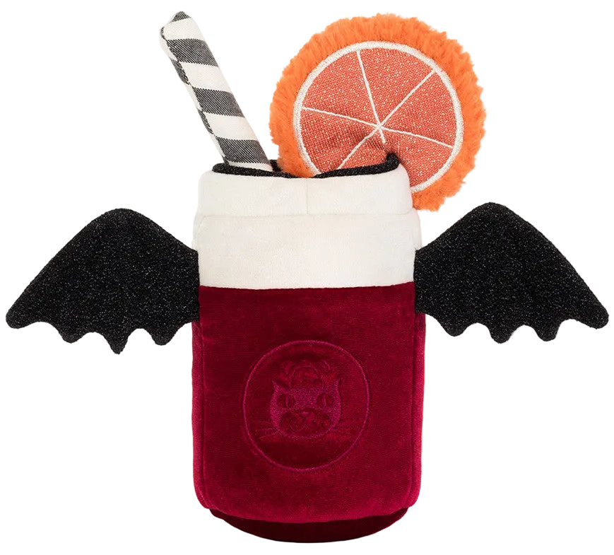 Shaped like a red cup with black wings, a black and white straw, and an orange slice accent, the Jellycat Amuseables Vampop Drink plush is a charming addition to your Halloween collection.