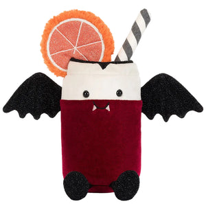 Introducing the Amuseables Vampop Drink from Jellycat—a delightfully spooky Halloween plush shaped like a festive drink! This charming soft toy features velvety bat wings, soft black feet, a cute straw, and a vibrant orange slice perched on top. With tiny fangs and cheerful button eyes, it’s an adorable addition to your Halloween celebrations and the perfect snuggly companion for some playful fright.