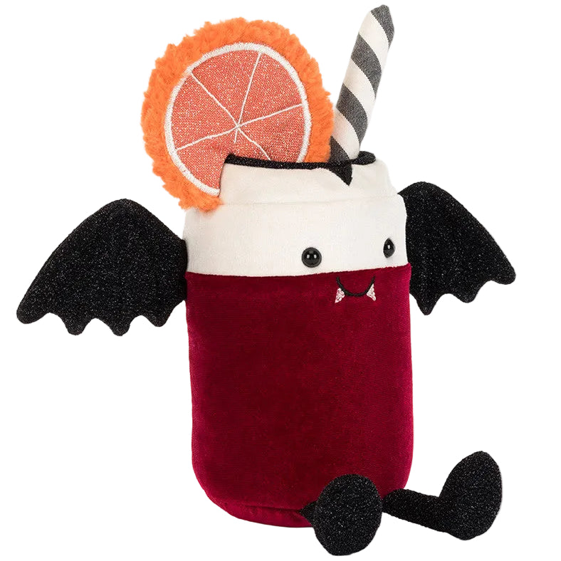 Introducing the Jellycat Amuseables Vampop Drink—a plush toy designed to look like a cheerful red drink can, complete with black bat wings, soft black feet, a striped straw, an orange slice accent, and an adorable face with tiny fangs. This delightful Halloween-themed plush is the perfect way to bring some spooky-cute fun into your collection!.