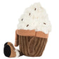 Jellycat Amuseables Scarffles Hot Chocolate plush mug featuring whipped cream, a cozy scarf, and dangling legs.