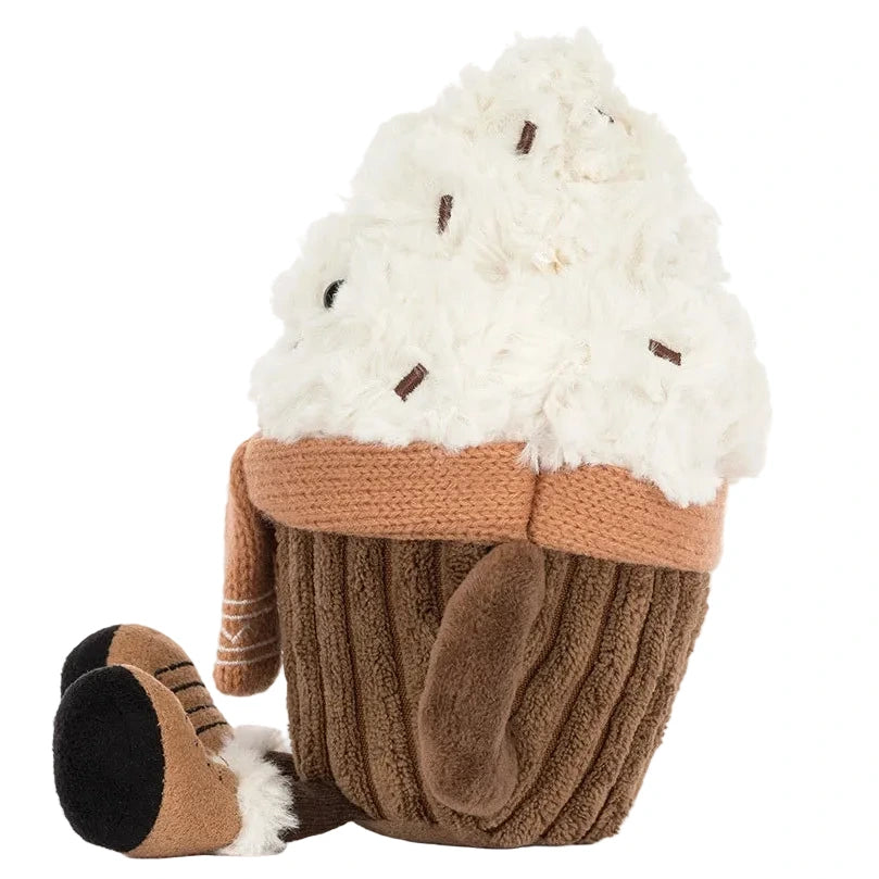 Jellycat Amuseables Scarffles Hot Chocolate plush mug featuring whipped cream, a cozy scarf, and dangling legs.