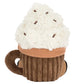 A Jellycat Amuseables Scarffles Hot Chocolate plush mug topped with whipped cream and chocolate sprinkles.