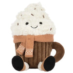 Jellycat Amuseables Scarffles Hot Chocolate plush mug featuring a whipped cream top, a smiling face, and a tan scarf.
