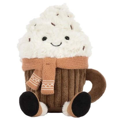 Jellycat Amuseables Scarffles Hot Chocolate plush mug featuring a whipped cream top, a smiling face, and a tan scarf.