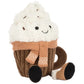 Jellycat Amuseables Scarffles Hot Chocolate plush featuring a smiling mug with a whipped cream top, tan scarf, and dangling legs.