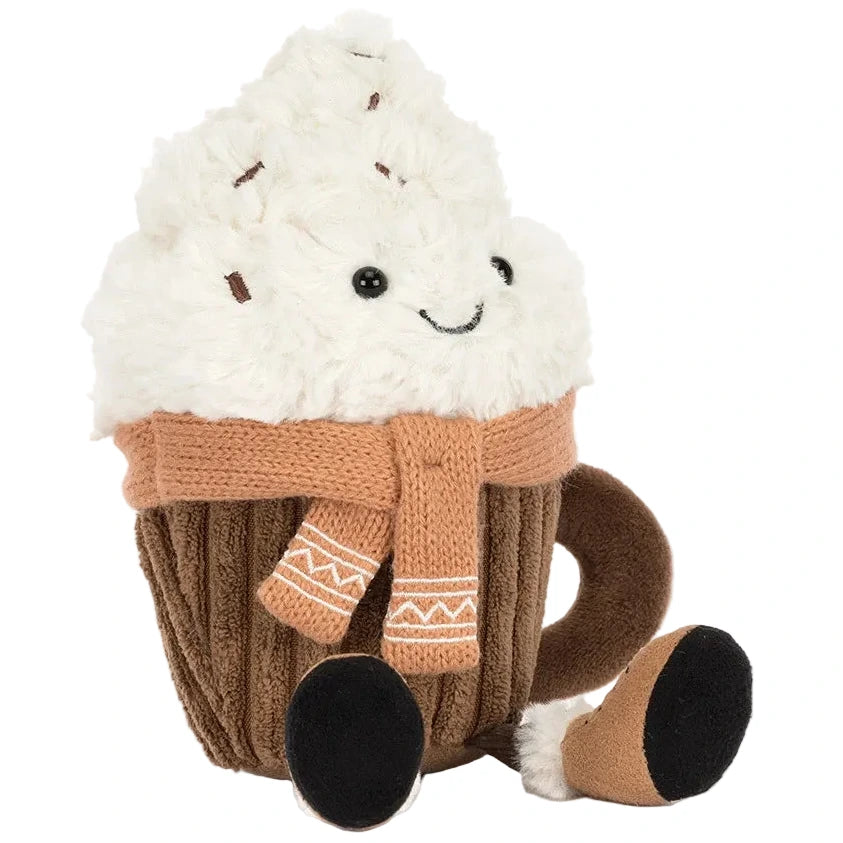 Jellycat Amuseables Scarffles Hot Chocolate plush featuring a smiling mug with a whipped cream top, tan scarf, and dangling legs.