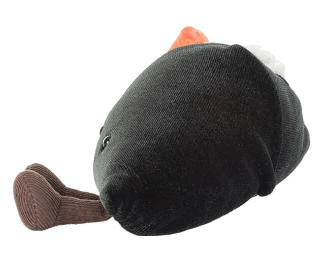 The Amuseables Coneroi Temaki plush toy by Jellycat features a black body, brown tail, orange topping, and white accent—ideal for event coordinators or party planners seeking quirky charm. Shown on a white background.