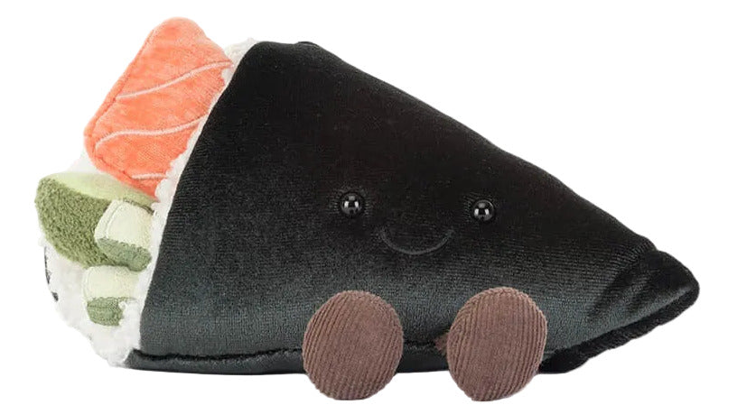 The Jellycat Amuseables Coneroi Temaki plush is a sushi hand roll toy with a black seaweed wrap, fun fillings, a smiling face, and two brown feet—ideal for adding playful charm to your party or event décor.