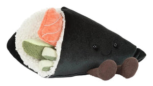 The Jellycat Amuseables Coneroi Temaki is a plush toy shaped like a sushi hand roll with rice, salmon, cucumber, and seaweed details—complete with a smiling face, making it the perfect fun touch for any party.