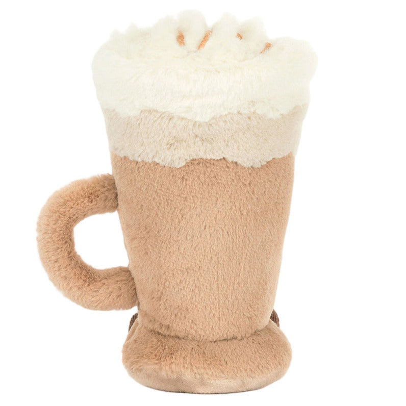 The Jellycat Amuseables Latte is a soft plush toy shaped like a mug of cappuccino, featuring a handle and white foam on top, with charming latte art details.