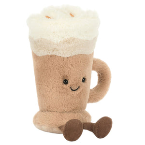 The Jellycat Amuseables Latte is a soft plush toy shaped like a latte mug, with a handle, foam top, embroidered face, and brown legs—perfect for fans of charming latte art designs.