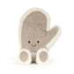 The Jellycat Amuseables Fitswell Mitten is a beige and white plush mitten with a smiling face and feet—perfect for Christmas cuddles.