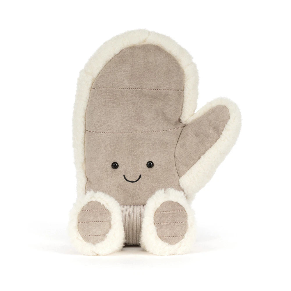 The Jellycat Amuseables Fitswell Mitten is a beige and white plush mitten with a smiling face and feet—perfect for Christmas cuddles.