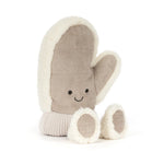 A Jellycat Amuseables Fitswell Mitten plush with a smiling face, beige body, white furry trim, and two matching discs on a white background.