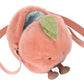 The Jellycat Amuseables Peach Shoulder Bag is a plush, peach-shaped bag with a green leaf, pink strap, small brown legs, and an open zipper.