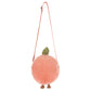 The Jellycat Amuseables Peach Shoulder Bag features a green leaf on top, small brown feet at the bottom, and a pink shoulder strap.
