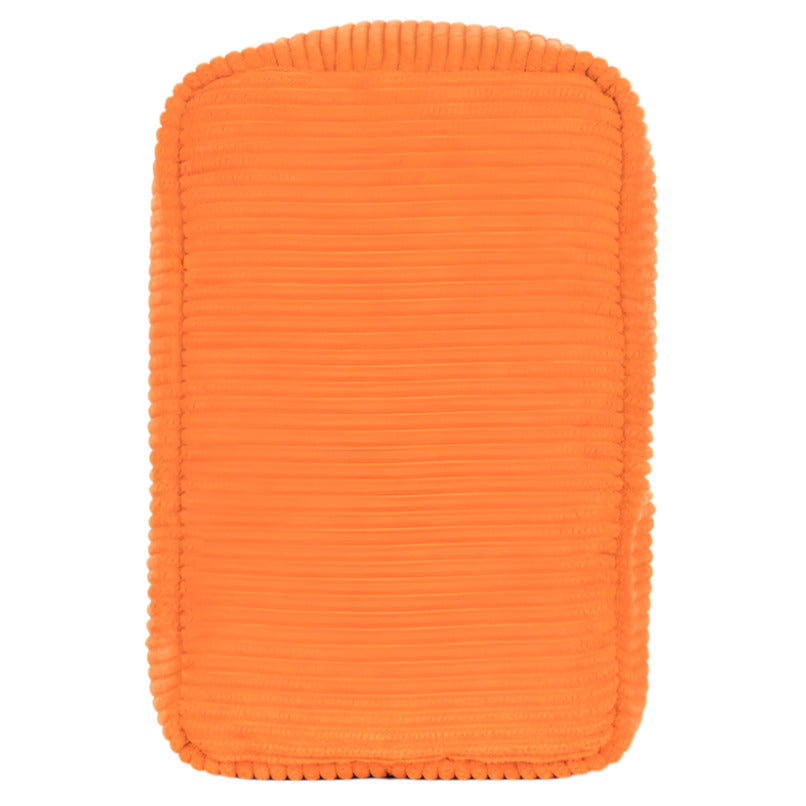 Rectangular orange textured pad with ribbed surface and rounded corners, viewed from above against a white background—reminiscent of a Jellycat Amuseables Sardine Tin.