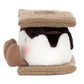 Meet Amuseables S'mores by Jellycat—a plush toy shaped like a s'more with a white marshmallow center, brown chocolate top, tan graham cracker sides, and an adorable face with blushing cheeks!.