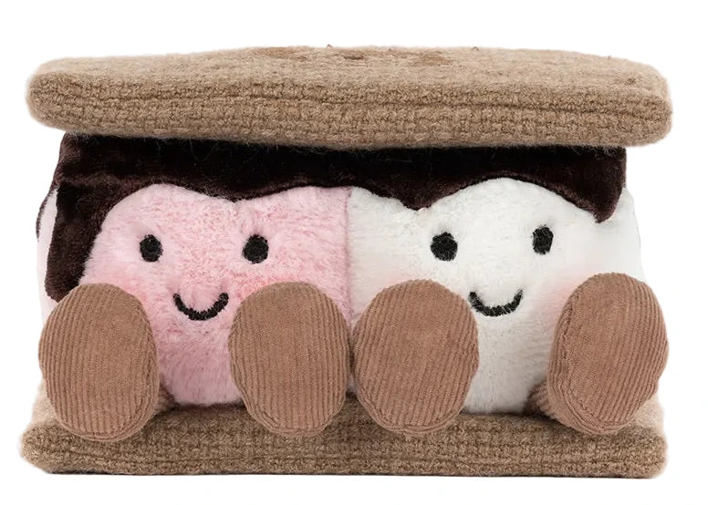 The Jellycat Amuseables S'mores plush features two smiling marshmallows—one pink, one white—layered with felt chocolate and graham crackers. A cute campfire plush perfect for fans of Jellycat!.