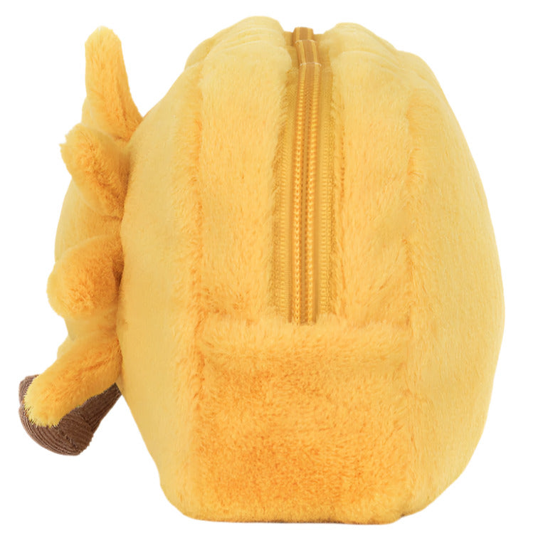 The Jellycat Amuseables Sun Pouch is a yellow fur pouch with a top zipper and side details like a lion's mane and ear, perfect for adding portable sunshine to your essentials.