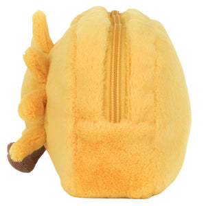 The Jellycat Amuseables Sun Pouch is a yellow fur pouch with a top zipper and side details like a lion's mane and ear, perfect for adding portable sunshine to your essentials.