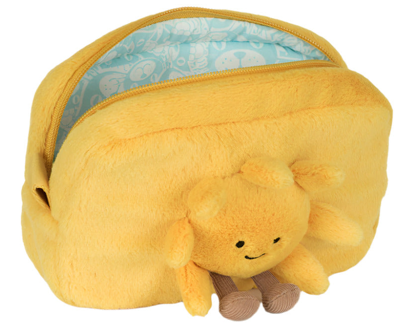 Carry sunshine everywhere with Jellycat's Amuseables Sun Pouch—a bright yellow fur pouch featuring a smiling sun face, brown legs, and a cheerful light blue patterned interior.