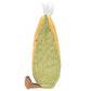 The Jellycat Amuseables Sweetcorn is a plush toy shaped like an ear of corn with a yellow textured body, green husk, white tuft on top, and brown feet at the base.