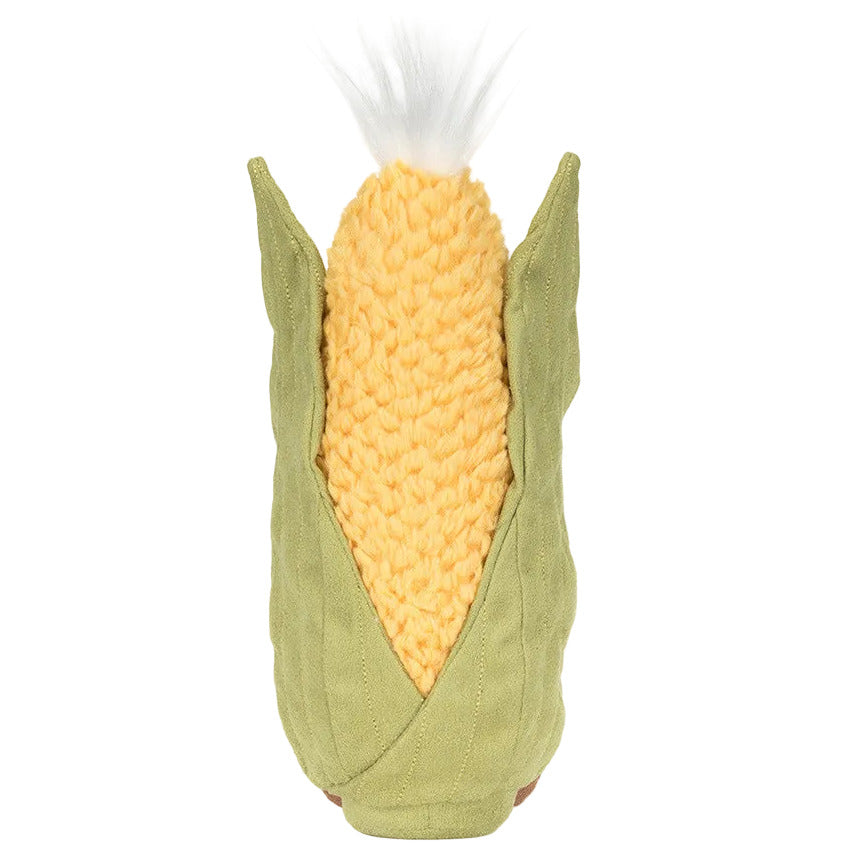 The Jellycat Amuseables Sweetcorn is a plush toy shaped like an ear of corn, with yellow textured kernels, a green husk, and soft white detail on top.