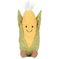 The Jellycat Amuseables Sweetcorn is a plush toy shaped like an ear of corn with a smiling face, brown feet, a green husk, and a white tuft on top.