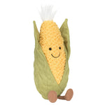 Bring home Jellycat’s Amuseables Sweetcorn—a plush toy shaped like an ear of corn, with a green husk, yellow textured body, smiling face, and two cute brown legs.