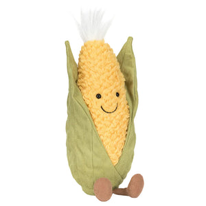 Bring home Jellycat’s Amuseables Sweetcorn—a plush toy shaped like an ear of corn, with a green husk, yellow textured body, smiling face, and two cute brown legs.