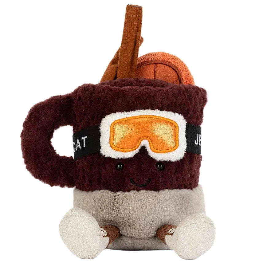 Jellycat Amuseables Mullover Spiced Drink is a plush mug with a smile, orange ski goggles, plush cinnamon sticks, and an orange slice.