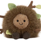 Meet the adorable Jellycat Amuseables Mulshi Woodland Floor, a plush toy shaped like a fluffy brown ball with a smiling face, brown feet, and soft fabric branches with green leaves inspired by the woodland floor.