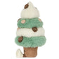 A Jellycat Amuseables Pinecone Tree plush with alternating green and white fuzzy tiers, decorated with embroidered pinecones and set in a brown ribbed pot base with two small feet.